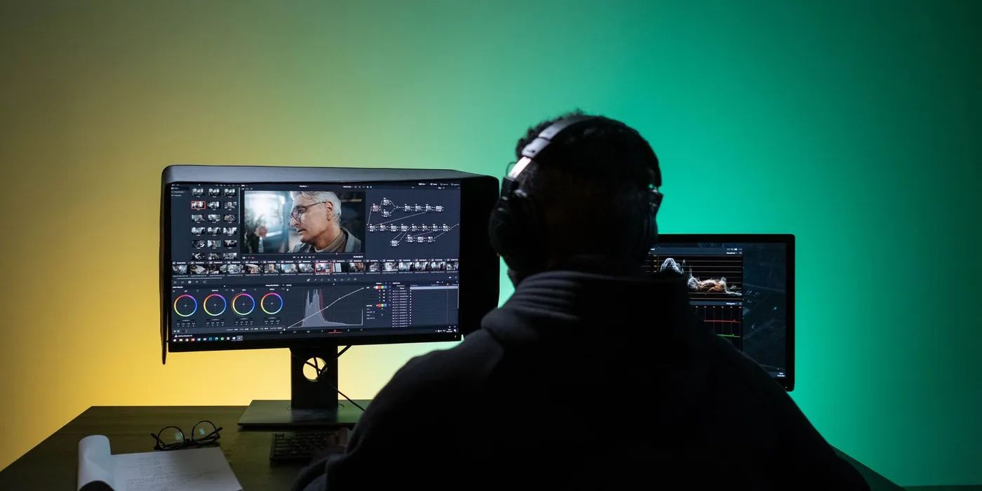 Seen from behind, an editor wearing headphones works at two monitors showing colour wheels, a clip strip and video scopes, in a room whose wall is lit amber and green.